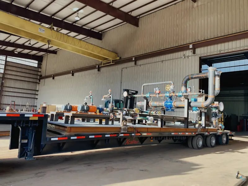 32-inch Pipe Rack Modules and 6-inch Water Transfer Skids heading out the door of the Power Service facility to two different West Texas locations.