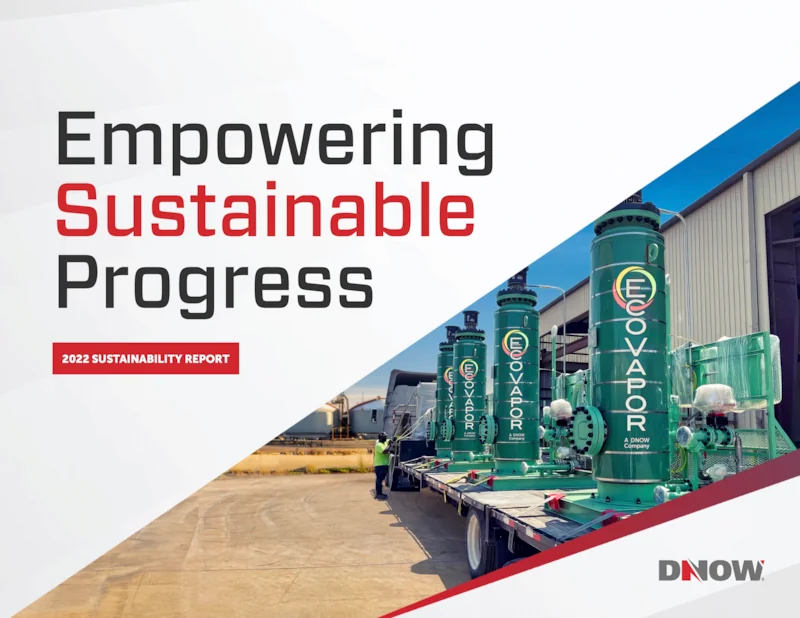 DNOW 2022 Sustainability Report: 'Empowering Sustainable Progress' with DNOW's ESG focus objectives and promoting sustainable growth and shared values.